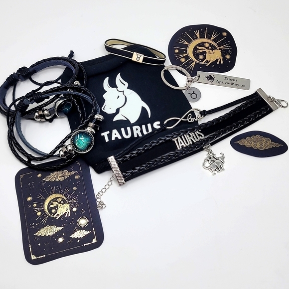 Taurus Zodiac ✦ Leather Bracelet Bundle ✦ Keychain Stickers Hair Tie & Mask NWT - Picture 1 of 12